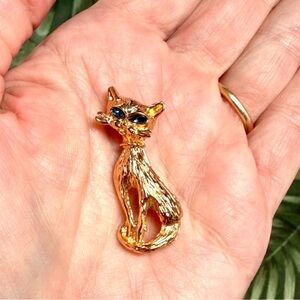 Vintage Gold Toned Cat Brooch Pin with Blue Eyes 1.5” Height